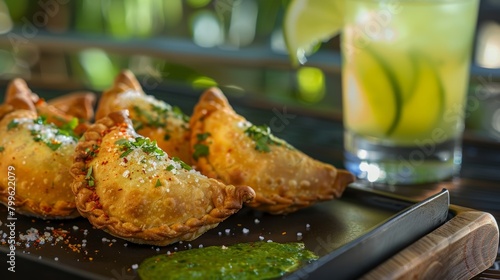 A tray of y vegan empanadas paired with a refreshing cucumber and melon mocktail with a sprinkle of chili salt on the rim.