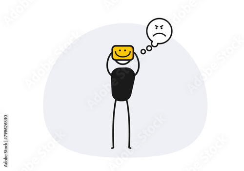 Angry character hiding true emotions with a smiling face mask. Vector doodle illustration