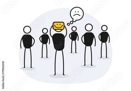 Person holding a happy mask hiding true sad unhappy feelings. Vector illustration with character in a crowd depressed supressing emotions
