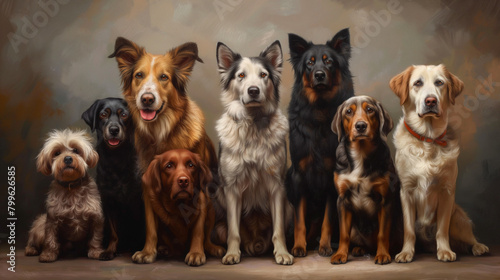 A diverse group of dogs from different breeds are sitting together, showcasing the beauty of dog breeds. Some are companion dogs, others water dogs, and all are part of the carnivore group