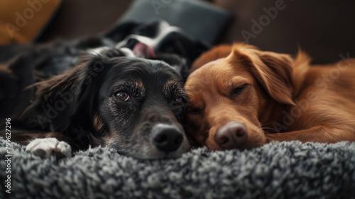 Two companion dogs with fur and whiskers are lounging next to each other on a couch, looking bored. They are terrestrial animals and carnivores