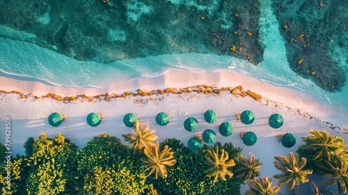 Aerial view of umbrellas, green palms on the sandy beach at sunset. Summer days in beach