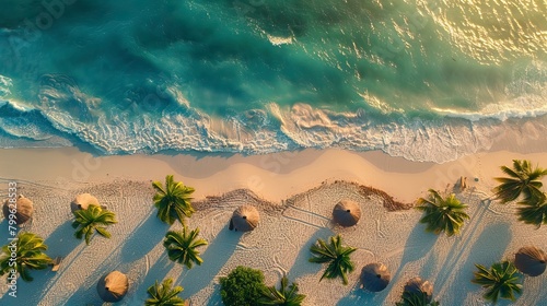 Aerial view of umbrellas, green palms on the sandy beach at sunset. Summer days in beach