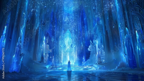 A midnight ceremony commences in a grand ice temple where glowing blue crystals line the walls and the frigid air is alive with the . .