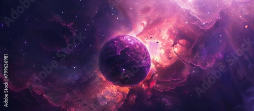 Purple celestial body situated in the midst of a vibrant and shimmering galaxy filled with twinkling stars