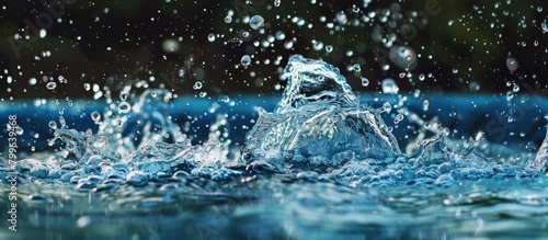 A single droplet of water creates a splash on a vibrant blue background, capturing the essence of motion and color