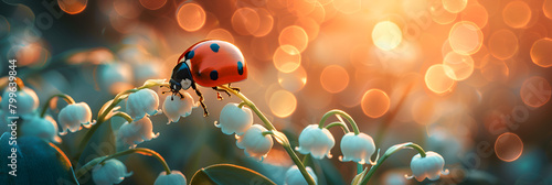 ladybird on a flower, Banner photo of lily of the valley with a ladybug