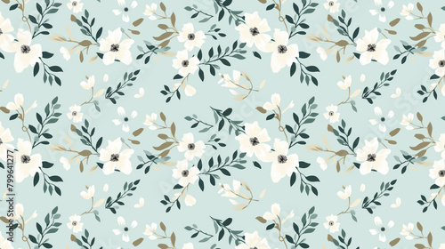 A seamless floral pattern with white and cream flowers and green leaves on a pale blue background.
