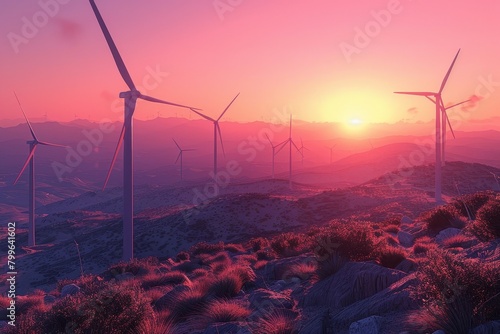 Wind energy. Wind power. Sustainable, renewable energy. Wind turbines generate electricity. Windmill farm on mountain with sunset sky. Green technology. Renewable resource. Sustainable, Generative AI