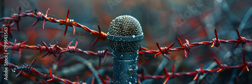 thorns on a grass, A microphone surrounded by red barbed wire world