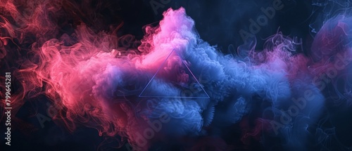 Blue and pink bomb smoke in the shape of a triangle on black isolated background