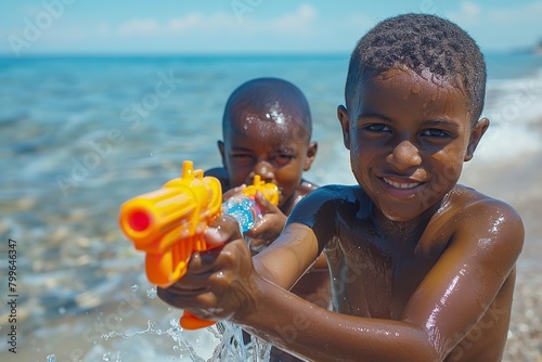 Over a summer day, kids are having a spectacle time and shooting water guns while enjoying the seashore restless kid idea and space, Generative AI.