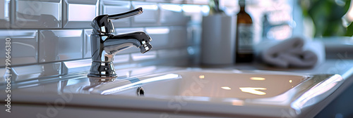 close up of kitchen sink, A chrome faucet is on a white sink. The faucet i 