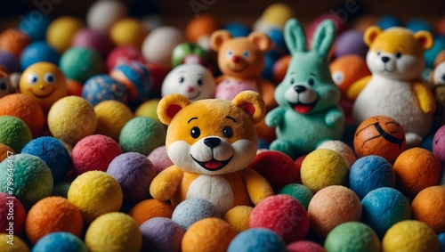 A playful assortment of colorful cartoon toys featuring bouncing balls, spinning tops, and plush animals with oversized smiles ai_generated