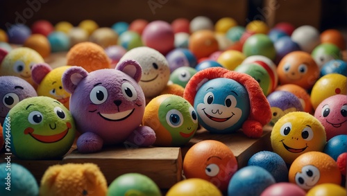 A playful assortment of colorful cartoon toys featuring bouncing balls, spinning tops, and plush animals with oversized smiles ai_generated