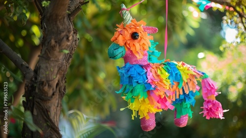A colorful piÃ±ata hanging from a tree ready to be filled with candy and broken by excited children.