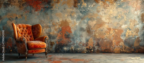 A vintage wooden chair is placed in a room with a deteriorated and rusty wall, creating a nostalgic ambiance