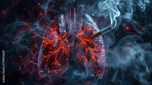 .A cigarette casts a shadow over a pair of lungs, its smoke swirling ominously, leaving behind a trail of destruction within