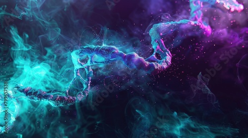 Abstract DNA strands in vibrant shades of teal and purple
