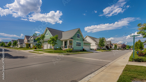 Panoramic angle capturing the entire street, with a standout seafoam green house with siding at its heart, epitomizing suburban harmony.