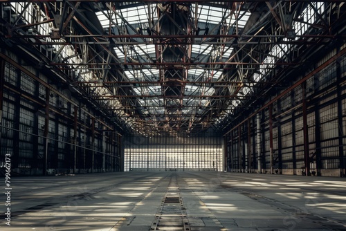 The cavernous interior of an empty hangar, its steel beams reaching toward the sky like the ribs of a giant skeleton, Generative AI