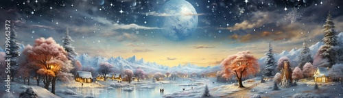 A serene watercolor winter scene, snowflakes gently falling under the light of a starry sky , oil paint colorful 3d animation