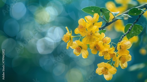 A close shot of vibrant yellow cassia fistula flower blooming on tree with a blurry nature backdrop and a big space for text or product advertisement, Generative AI.