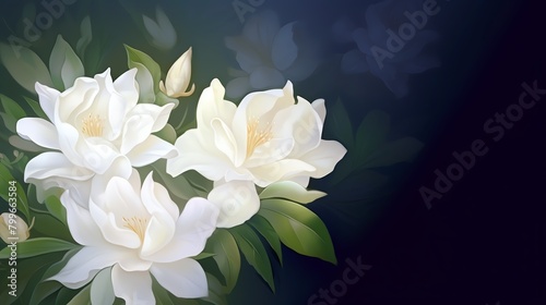Peaceful corner of a garden with gardenia and needle flowers, emphasizing their pristine white blossoms and delicate fragrance