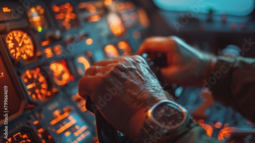 Pilot's Hand Adjusting Aircraft Throttle. Pilot's hand with a wristwatch adjusting the throttle in a detailed view of an aircraft's illuminated cockpit.