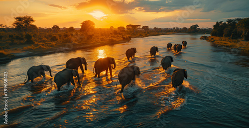 Elephants Crossing River at Golden Sunset. Majestic procession of elephants crosses a river against a stunning golden sunset in a serene African landscape.