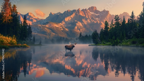 Moose Reflecting in a Calm Mountain Lake at Dawn. Majestic moose stands reflected in the still waters of a mountain lake as dawn's light caresses the rocky peaks.