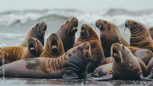 Walruses Resting on a Sandy Beach. Group of walruses lies huddled together on a sandy beach, taking a rest as the ocean's waves crash in the background.