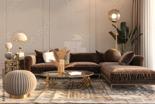 A luxurious living room featuring a contemporary design with a mocha brown velvet sofa, a modern coffee table, a chic pouf, gold decor that stands out, a decorative plant, a sleek lamp