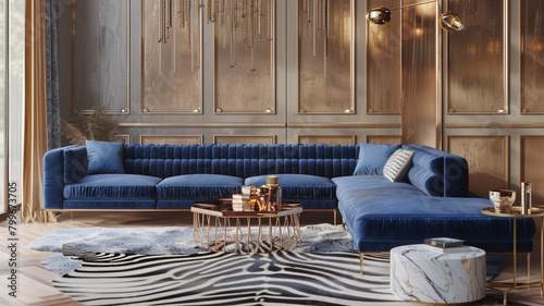 A panoramic view capturing the entire breadth of a living room with a cobalt blue velvet sofa, an elegant rose gold coffee table, and subtle gold wall accents. 