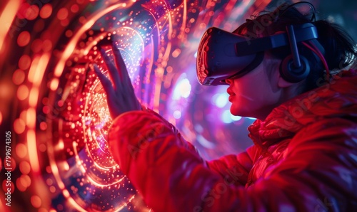 A woman wearing a virtual reality headset interacts with a glowing, futuristic interface. AI.