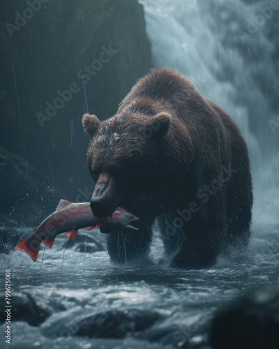 A large brown bear emerges from the river with a salmon in its mouth. AI.