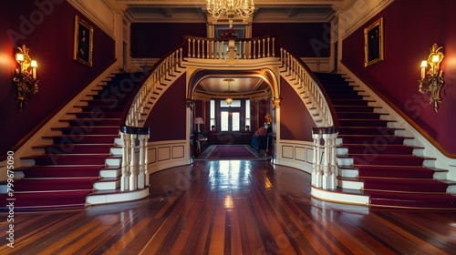 Majestic Marble Staircase in Opulent Renaissance-Style Mansion Entrance Hall