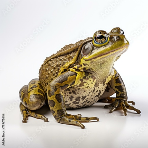 A green and yellow frog is sitting on a white surface. AI.