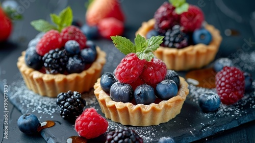 A trio of mini fruit tarts filled with seasonal berries and a honey drizzle for sweetness.