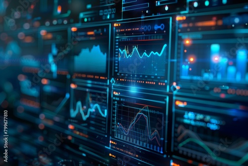 In-Depth Financial Data Analysis on Digital Screens. Detailed view of digital screens showcasing various financial graphs and data, symbolizing in-depth market analysis and trading.