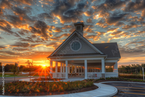Dramatic sunset setting behind a new construction clubhouse with a white porch and gable roof with a semi-circle window.