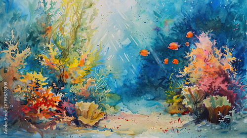 Depths of Water Colours: a watercolour portrait of underwater world, where play of colours creates the illusion of diving into the depths of the ocean, home to mysterious creatures and amazing plants.
