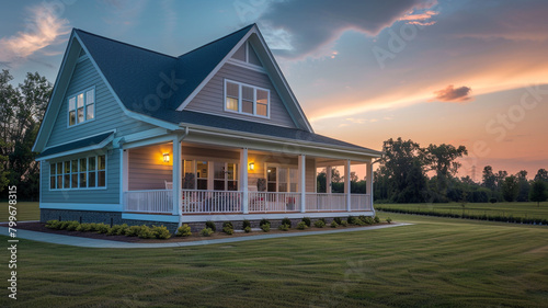 Evening glow enveloping a newly built community clubhouse with a white porch and gable roof, captured in ultra HD.