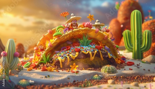 Taco Fantasy Whimsical 3D Scene with Giant Cactus Taco and Miniature Fiesta
