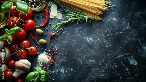 Italian food background, with vine tomatoes, basil, spaghetti, mushrooms, olives, parmesan, olive oil, garlic, peppercorns, rosemary, parsley and thyme, Slate background