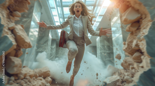Business woman falling into a hole, business obstacles concept