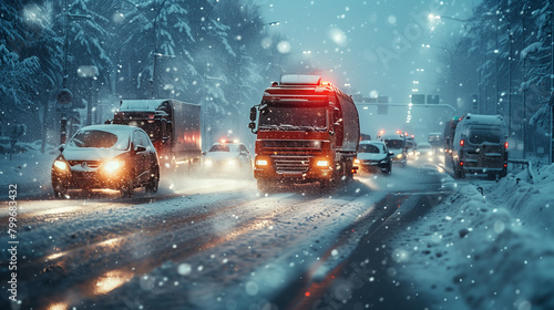 Transport truck on the road and it is snowing