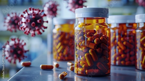 A compelling 3D illustration that juxtaposes the threat of viruses against the defense of medical capsules contained within amber bottles.