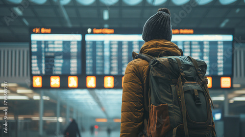 A man with a backpack is standing in an airport, looking at the arrivals and departures board.