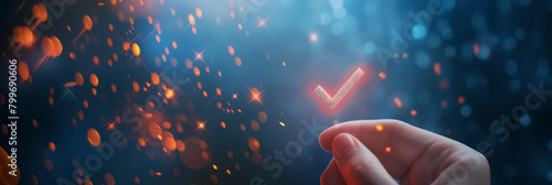 A realistic hand selecting a glowing virtual check mark amongst a bokeh of sparkling lights in a dark setting